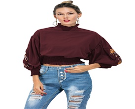 CHIC DIARY Women's Ruffle Neck Puff Sleeve Floral Embroidery T-Shirt Blouse